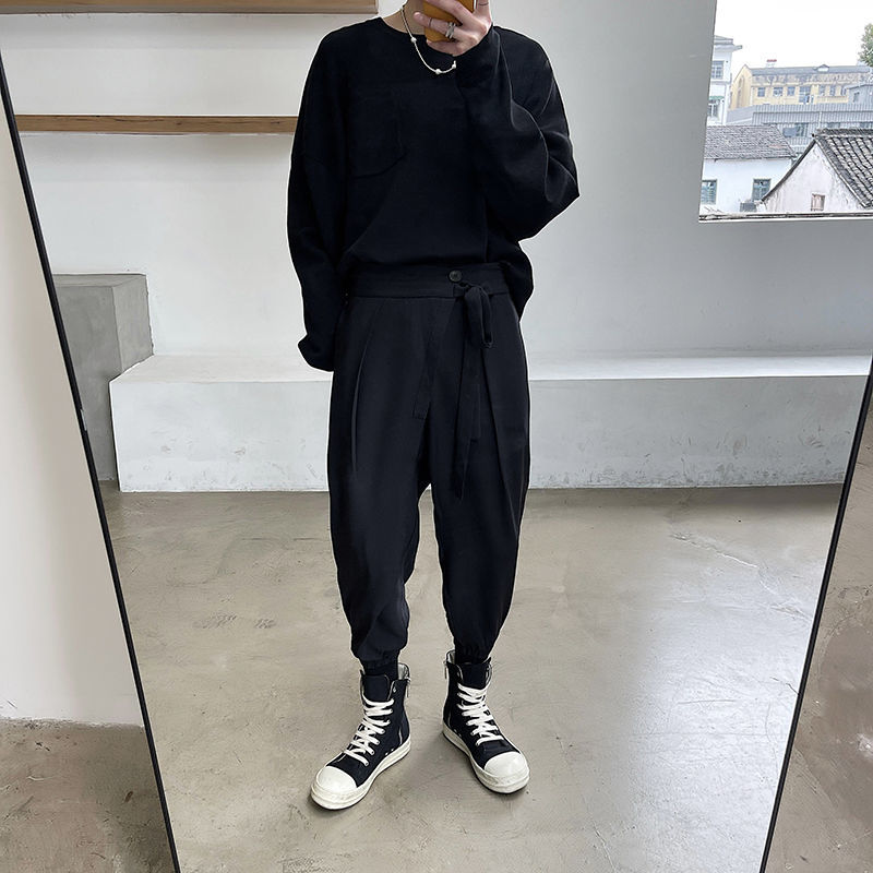 IEFB Men's Causal Black Trousers Irregular Side Bandage Blackcasual Pants For Male Spring Summer Turnup Pants 9Y6696 210524