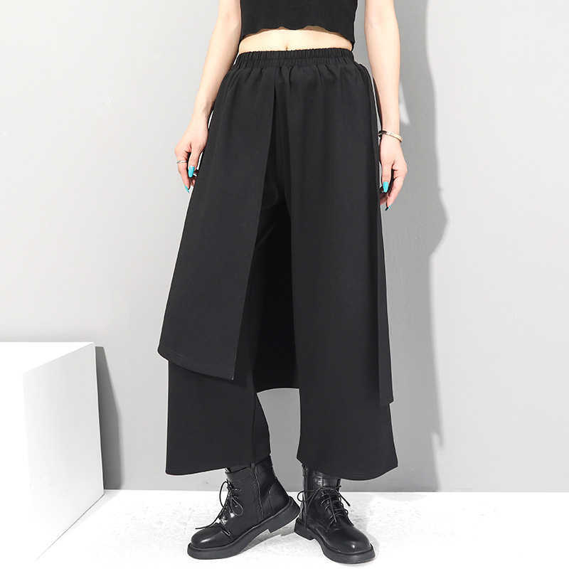 [EAM] High Elastic Waist Black Irregular Long Wide Leg Trousers Loose Fit Pants Women Fashion Spring Autumn 1Z289 211115