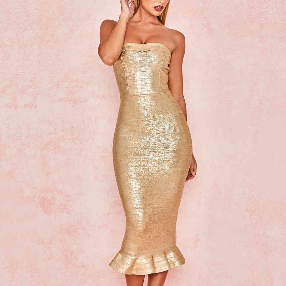 Summer Women Gold Runway Bandage Dress Vestido Sexy Sleeveless Strapless Club Elegant Celebrity Party 210423