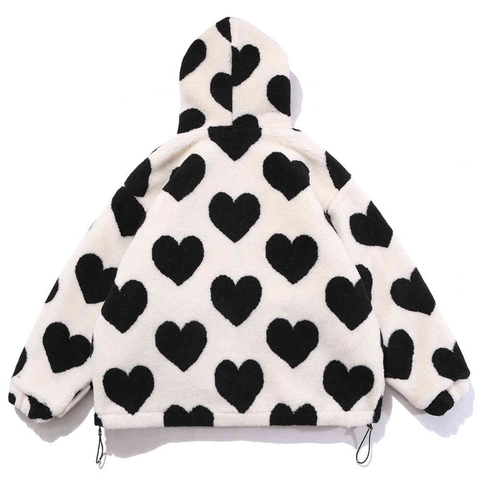 Aolamegs Cute Heart-shaped Print Lambswool Winter Jacket Men Drawstring Pockets Zipper Hooded High Street Warm Couple Streetwear 211110
