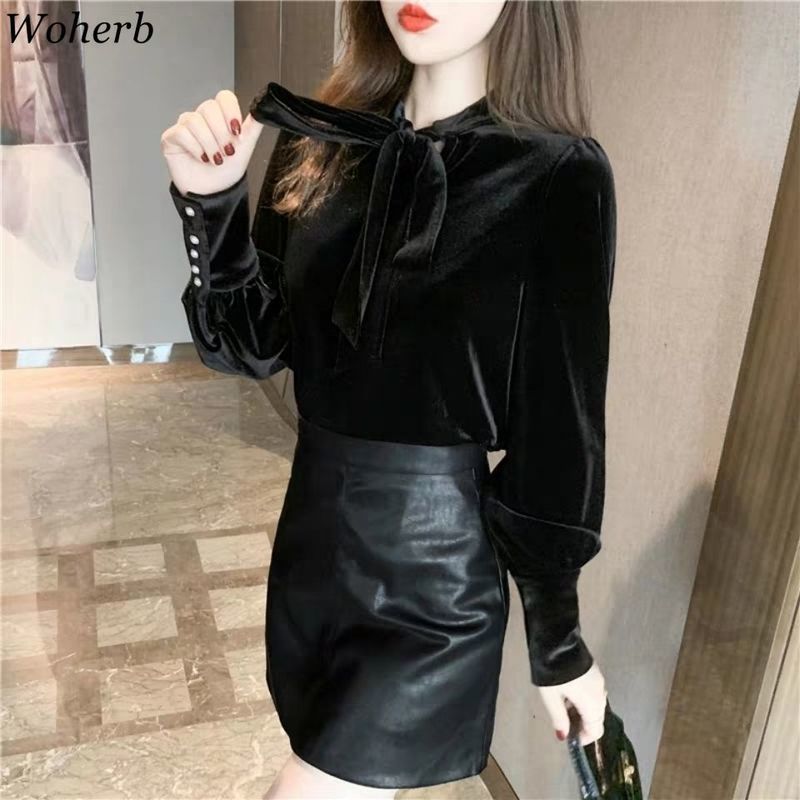Blusas Mujer De Moda Pleuche Shirt Puff Sleeve Bow Plus Velvet Thicked Blouses Women Lace Up Black Blouse Tops 4G712 210519
