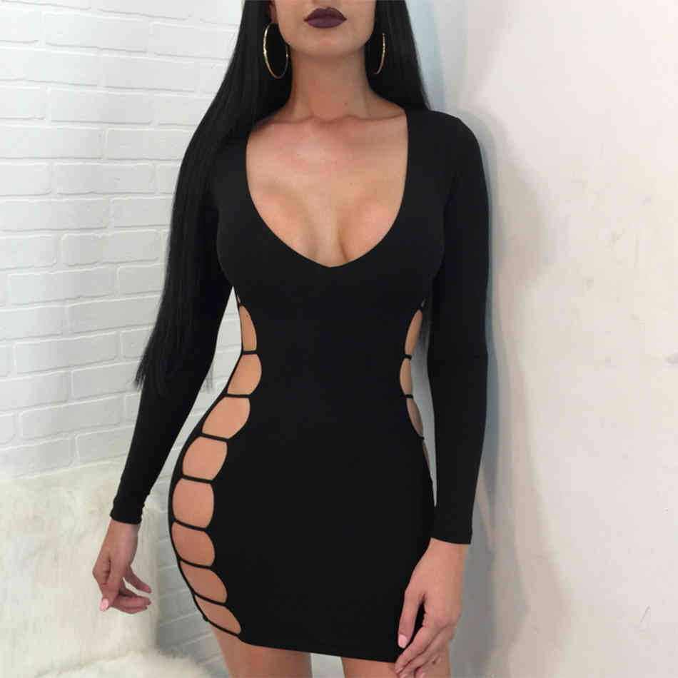 Summer Women Hollow Out Full Sleeve Mini Club Party Dress Sexy V Neck Black Celebrity Evening Runway Femal 210423