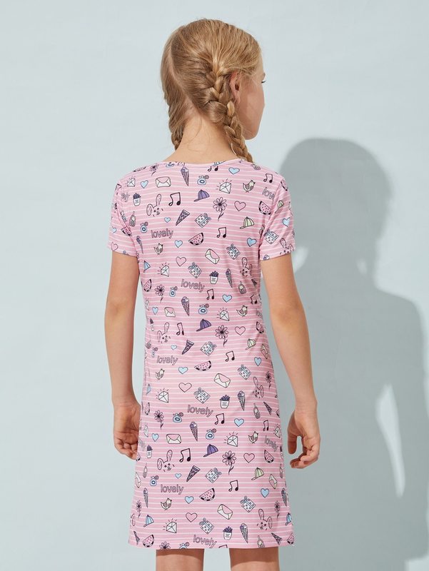 Girls Cartoon and Striped Print Peekaboo Knot Front Dress SHE