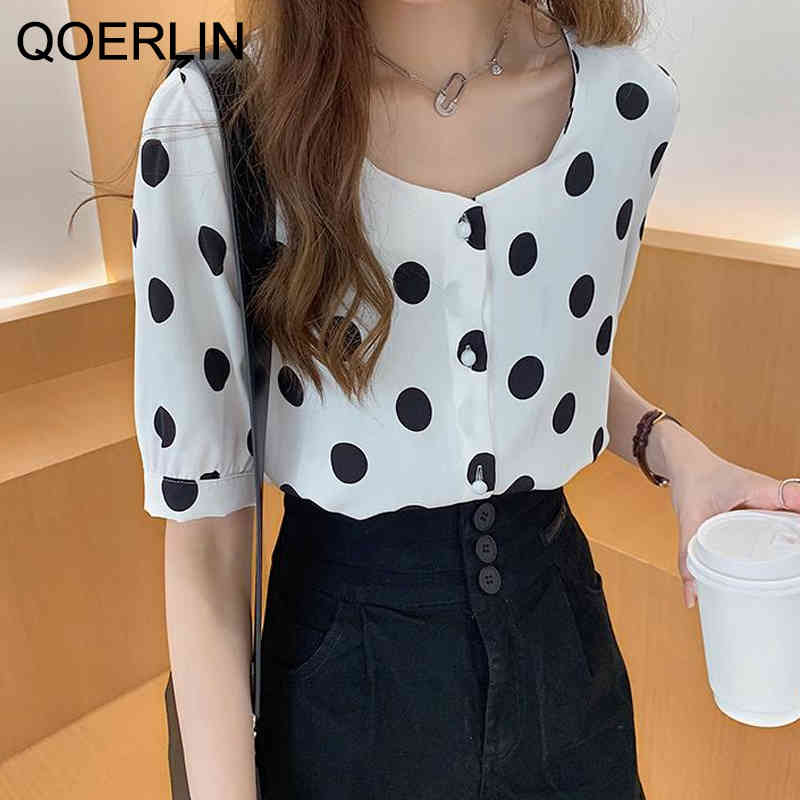 QOERLIN M4XL Summer Style Retro Polka Dot Chiffon Shirt Women Short Sleeve Single Breasted White Black Shirt Femme Big Size 210412