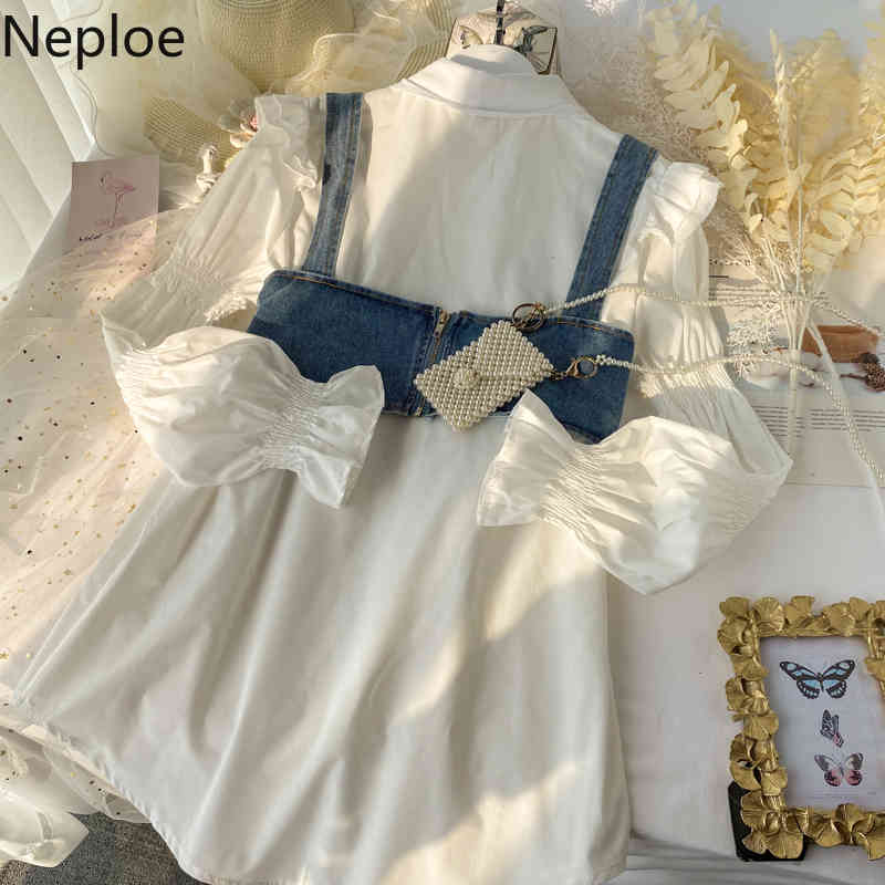 Neploe Ropa De Mujer Denim Vest High Street Suit Female Spring Fashion White Shirt Dress Long Sleeve Two Piece Set Women 210422