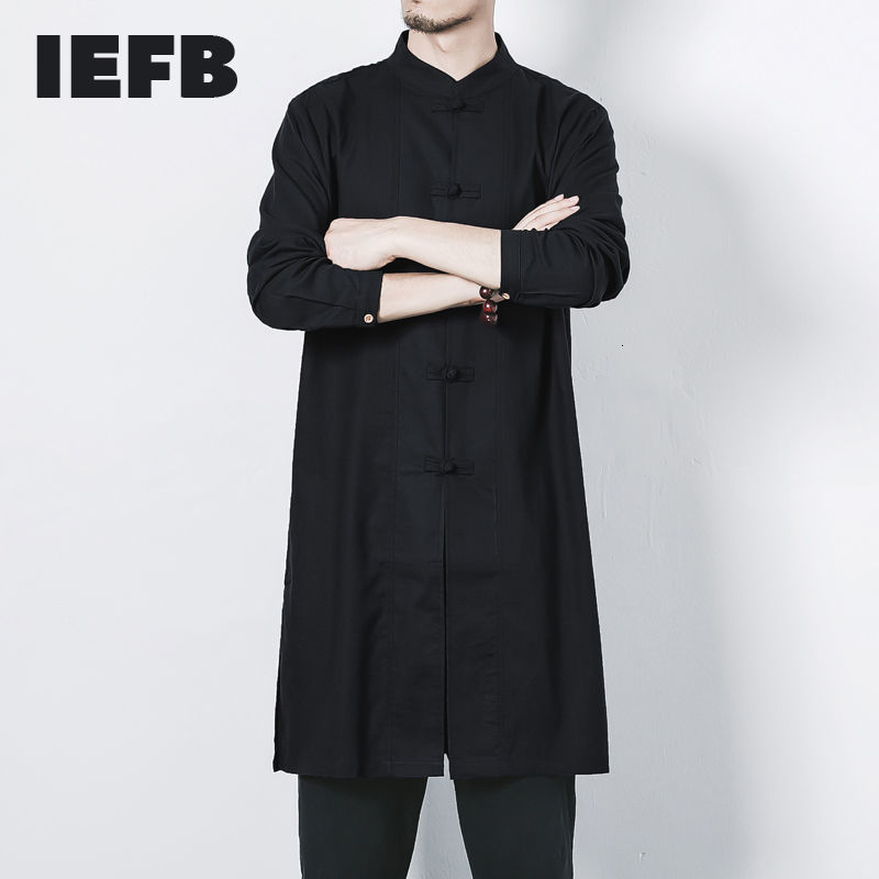 IEFB Chinese Style Big Size Cotton Linen Long Shirt Men's Casual Coil Button Stand Collar Side Split Robe For Male Spring 210524