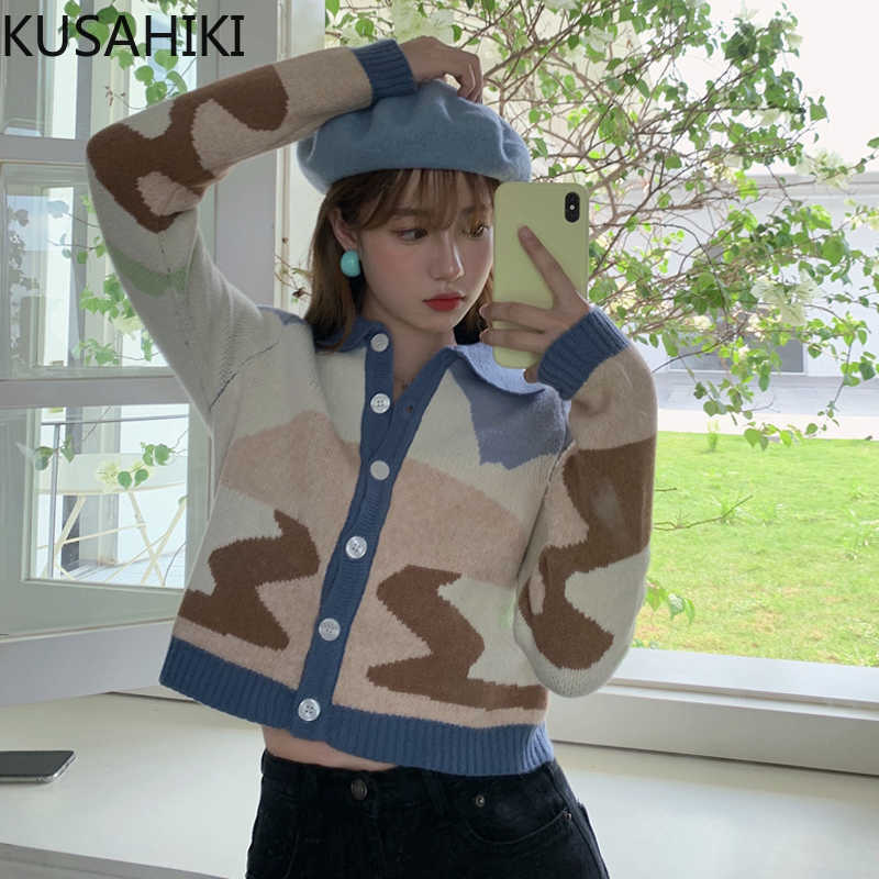 Sweater Cardigan Coat Causal Turn-down Collar Long Sleeve Knitted Jacket Spring Printed Knitwear Outwear 6E537 210603