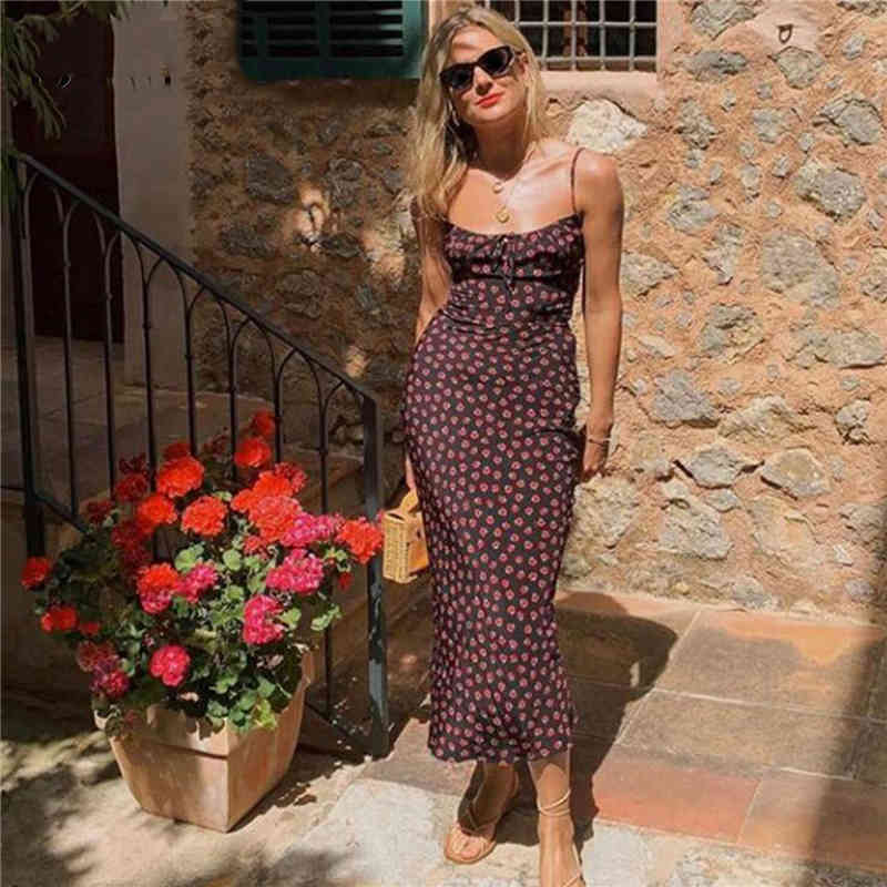 Floral Retro midi dress sleeveless backless Spaghetti Straps beach long dress Vintage bohemian black red rose floral dress women 210409