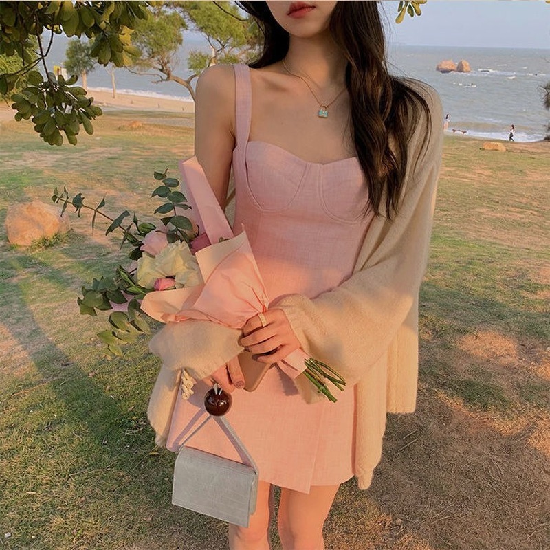 French Sweet Dress Women Straps Solid Casual High Waist Sexy Mini Dress Office Lady Evening Party Summer Dress Kroea Style 210521
