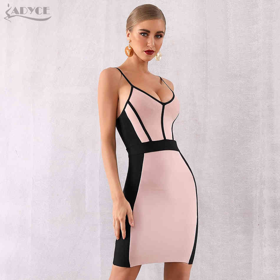 Summer Women Bodycon Bandage Dress Vestidos Elegant Pink Spaghetti Strap V Neck Club Celebrity Party 210423
