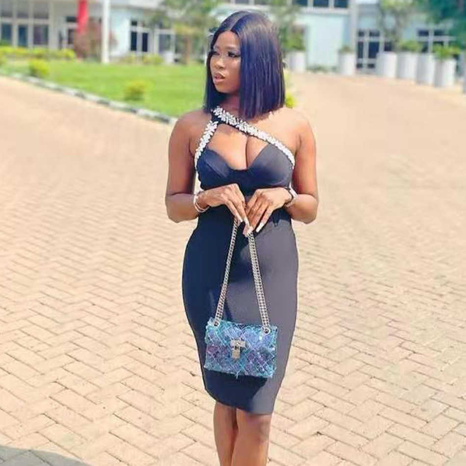 Summer Women One Shoulder Black Crystal Club Bandage Dress Sexy Sleeveless Mini Celebrity Runway Party Lady 210527