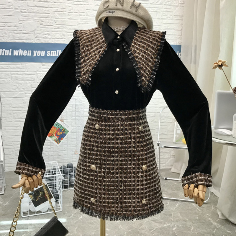 skirts Tweed fashion 2 piece vintage female ensemble long sleeve turn down collar velvet shirt + high waist chess dress suits together, Black
skirts Tweed fashion 2 piece vintage female ensemble long sleeve turn down collar velvet shirt + high waist chess dress suits together, Black