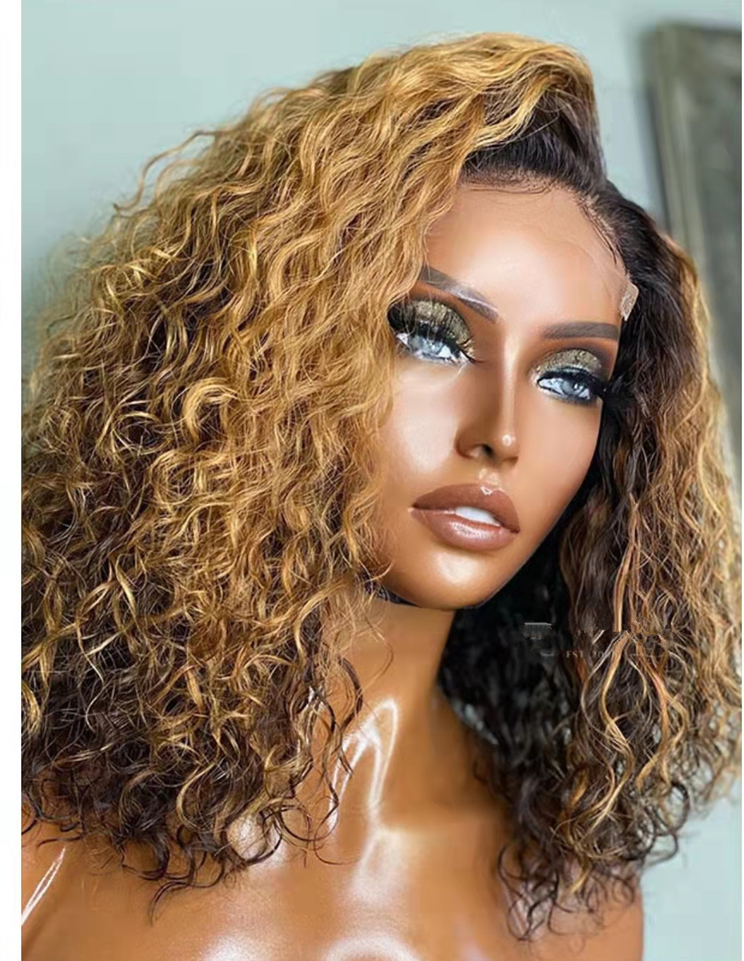 Golden blonde ombre loose curly bob lace front human hair wigs pre plucked hd undetectable wig for sale 150% gorgeous natural scalp