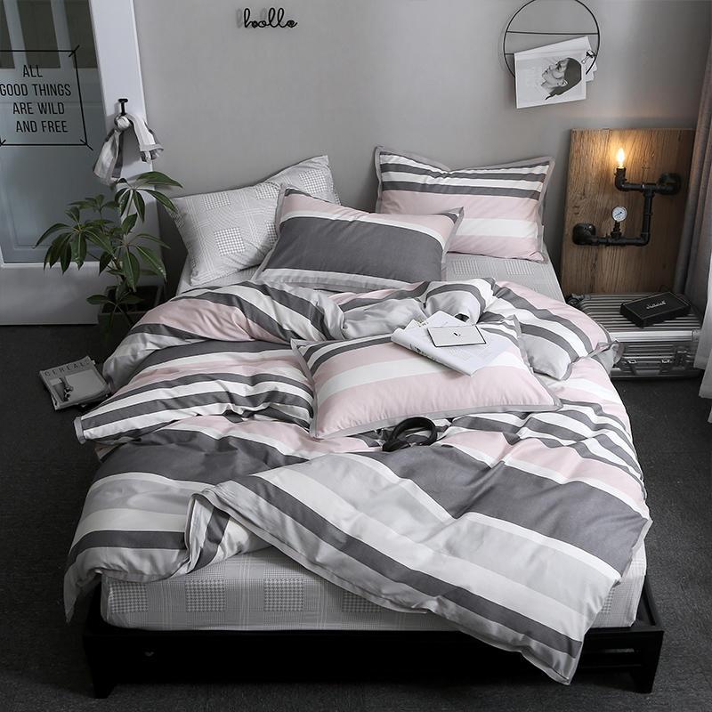 100%Cotton Lightweight Duvet Cover Set,Full/Queen Twin Stripes Gray Bedding Set,Soft Comfortable Comforter Ser Bed Sheet Sets