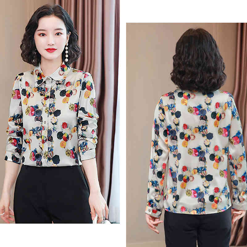 Office Lady Long-Sleeve Floral Button Cardigan Women Blouse Printed Satin Silk Tops for Plus Size Ladies Shirt 10723 210518