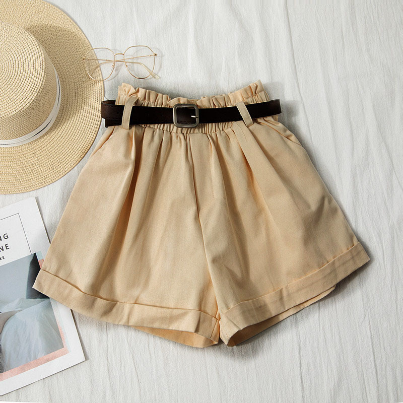 Women Summer High Waist Wide Leg Shorts With Belt Korean Fashion Solid Black White Yellow Cotton Short Pants Casual Beach Ruffle 210510