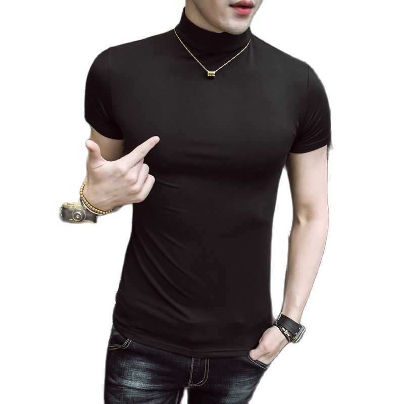 Summer Men Short Sleeve Turtleneck Slim Fit T-shirt Male Solid Black White Tees Shirts Lovers Tshirt 210629