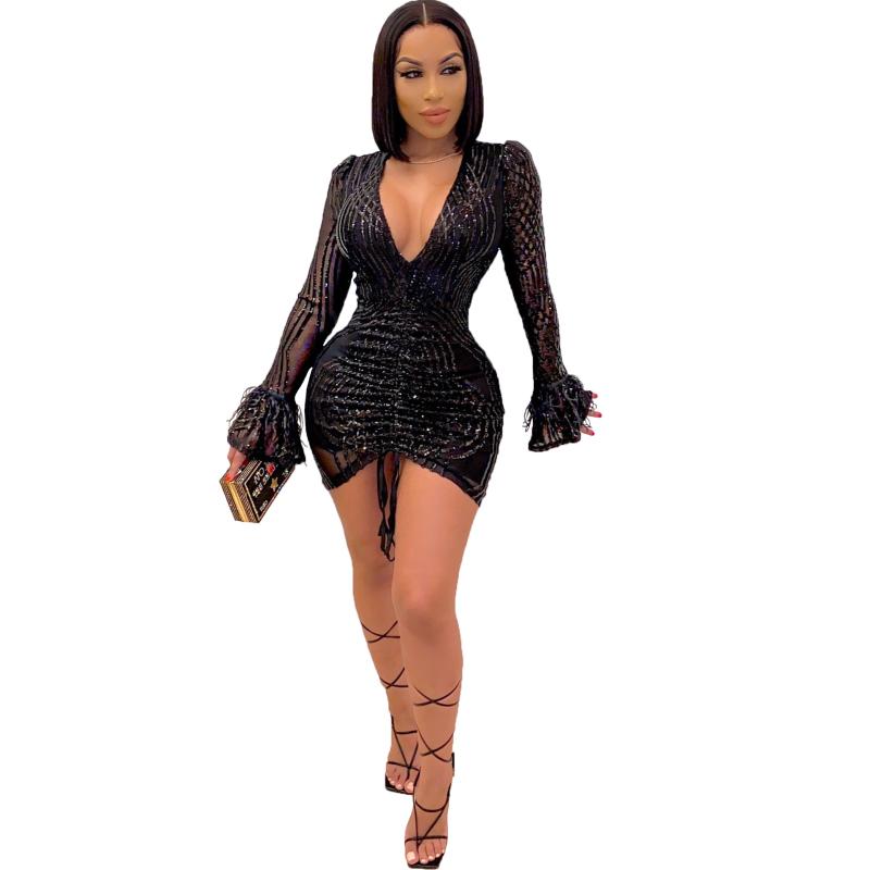 Casual Dresses PLSW Dress Fashion Black Long Sleeve Slim Mesh Sexy Ladies Festival Clothing Birthday For Women Party Evening Night Club