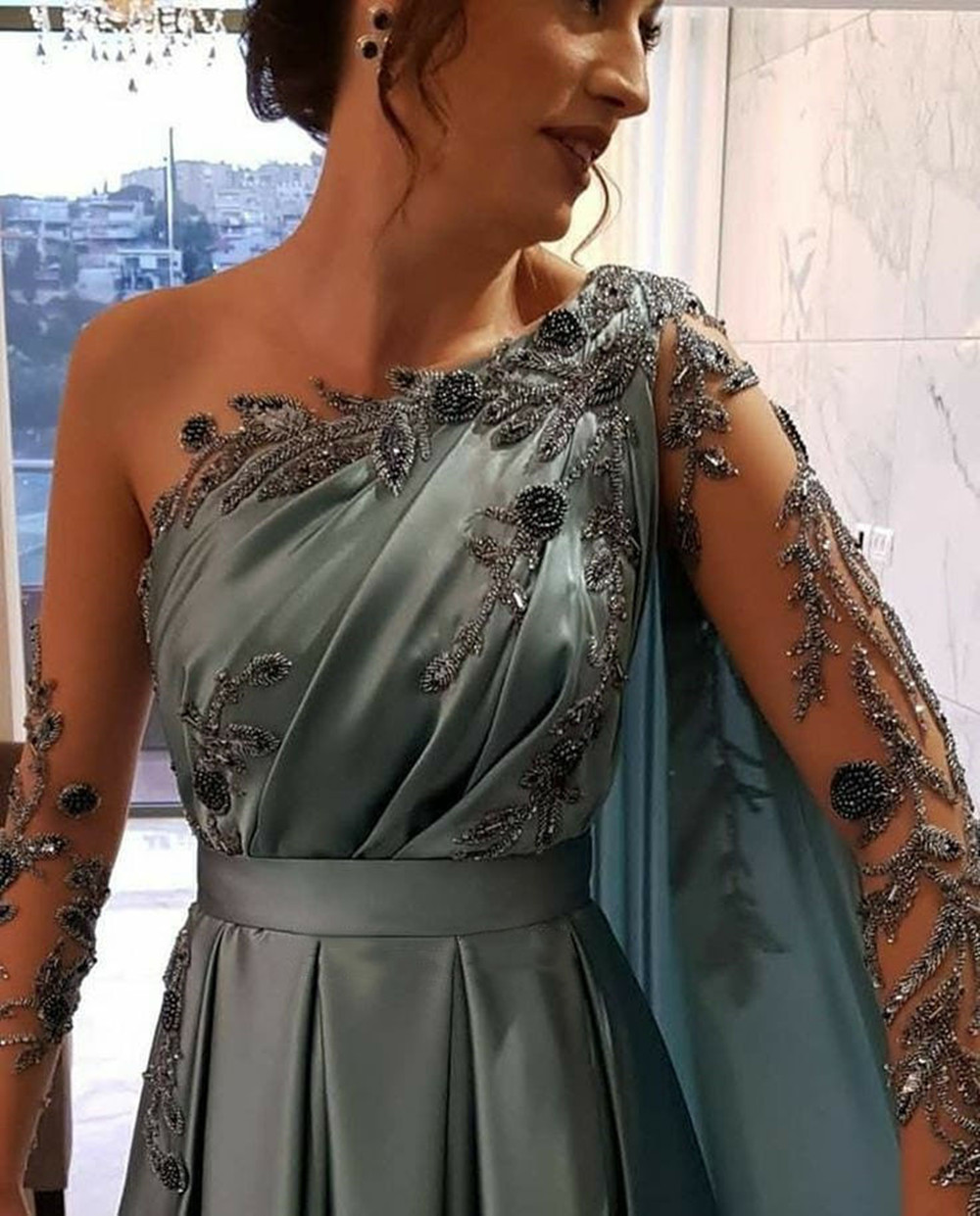 One Shoulder Beading Evening Dresses Full Length 2021 A-Line Satin Long Sleeves Formal Party Wear Gown Prom Dress