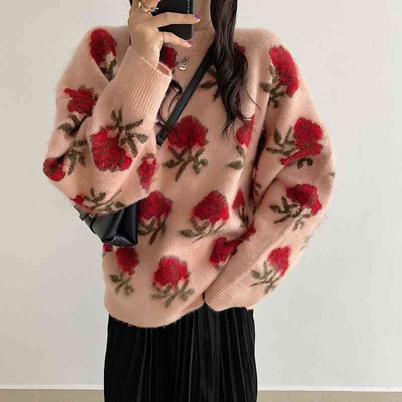 Comelsexy Knit Autumn Winter Vintage Pullover Flower Embroidery Casual Loose Sweater O-Neck Outwear Tops 210515