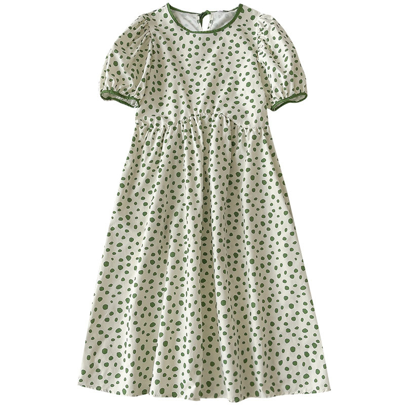 Kimutomo Chic Wave Point Dress Fashion Women Summer Korean O-neck Lace Up Puff Sleeve High Waist Robe Casual Sweet 210521