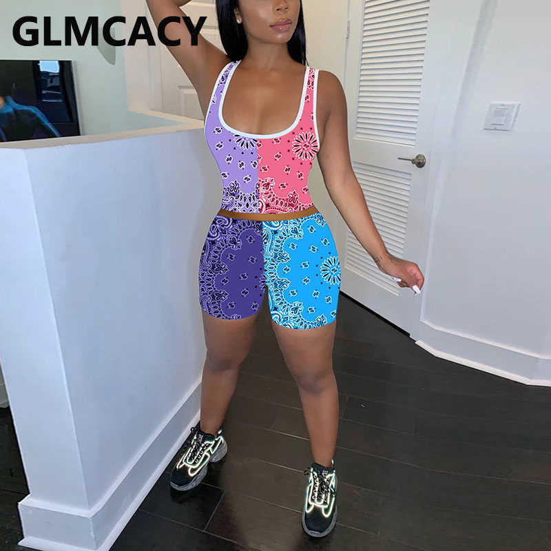 Two Pieces Sets Women Printed Sleeveless Top & Bodycon Shorts 210702
