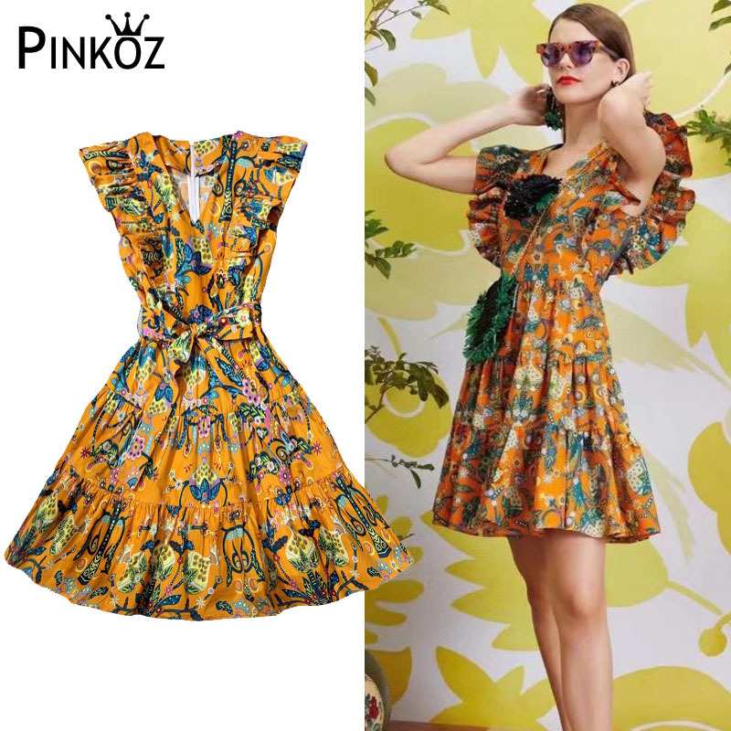 vintage ruffles v-neck summer chic dress women party casual daily clothing fashion mini dresses orange floralprinted 210421