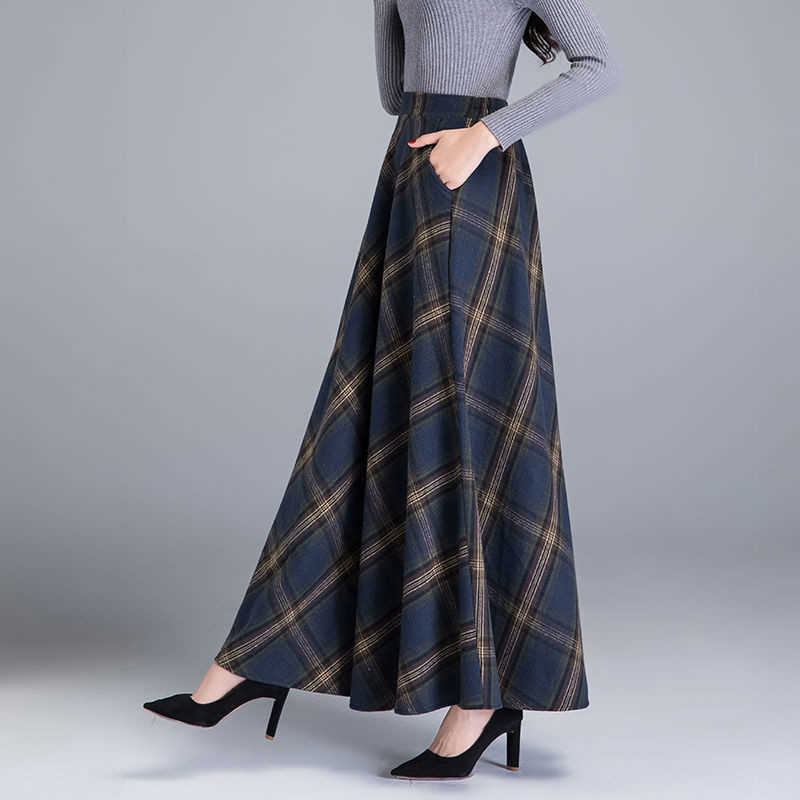 Mom High Waist Woolen plaid Skirts Autumn Winter Women's Plus Size Wool Maxi Female Fashion Casual Long Streetwear 210706