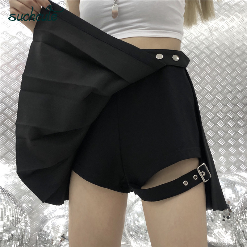 SUCHCUTE sexy gothic high waist women pleated mini skirt with short ribbons A-line Skirts streetwear solid female party outfits 210408