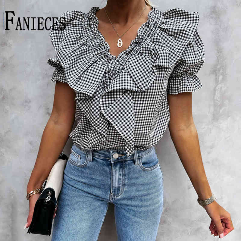 Casual O Neck Short Puff Sleeve Ruffles Shirt Chiffon Plaid Blouse Loose Elegant Holiday Lady Blue Red top femme Summer bluzki 210520, V51-9399
Casual O Neck Short Puff Sleeve Ruffles Shirt Chiffon Plaid Blouse Loose Elegant Holiday Lady Blue Red top femme Summer bluzki 210520, V51-9399