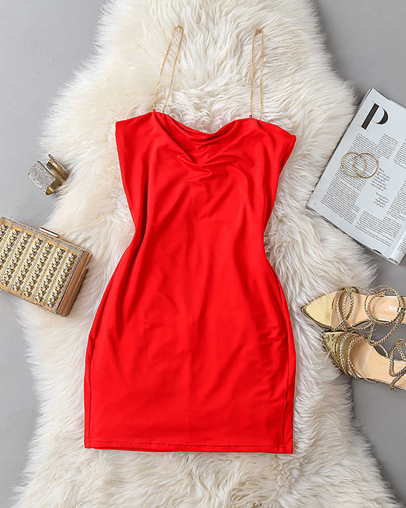 Women Fashion Red Boydon Mini Party Dress Slim Fit Sexy Short Dress Chain Strap Bodycon Mini Dress 210716