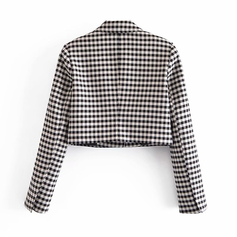 Women Black And White Plaid Cropped Top Blazer Single Button Elegant Chic Checked Suit Jacket Fashion Ladies Coat 210521