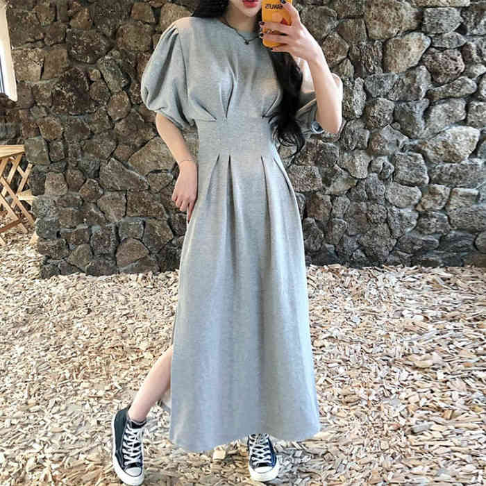 Fashion Summer Casual Sports Sweashirt Dress Women Chic Ruched Puff Sleeve High Waist Solid Sexy Split Long Dresses 210519