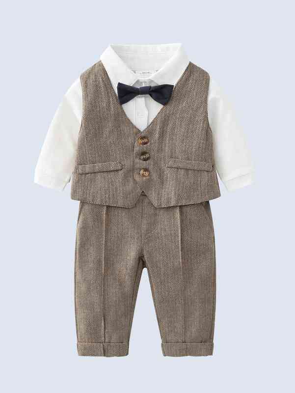 Baby Button Front Blazer Vest & Bow Front Shirt & Overall Jumpsuit With Hat SHE