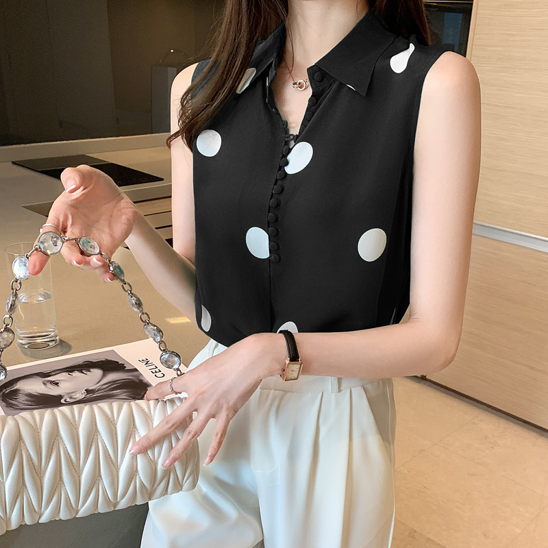 Summer Sleeveless Polka Dot Shirt Woman Casual Printing Women Clothing Button Turn Down Collar Female Blouse Blusas 14452 210508