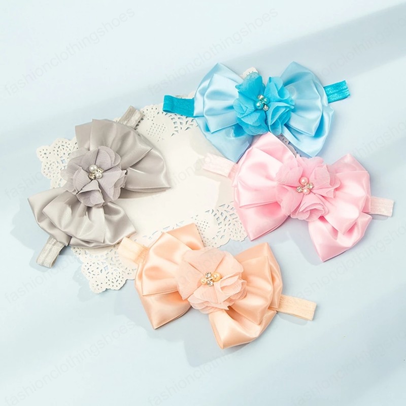 Three Layer Solid Color Bowknot Baby Elastic Headband Shining Beads Chiffon Flowers Toddler Hairband Infant Headwear Photo Props