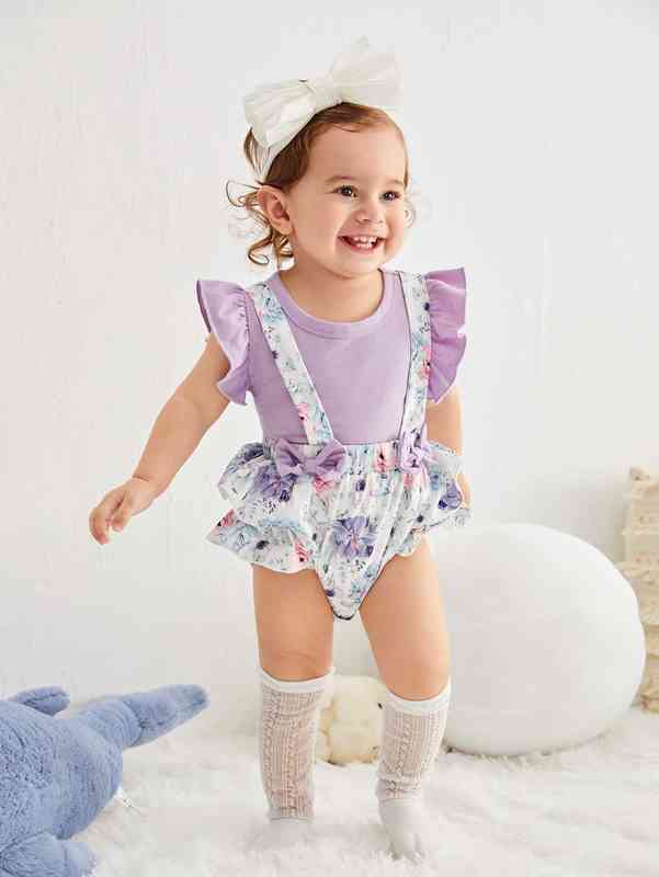 Baby Ruffle Trim Tee & Floral Print Bow Front Suspender Shorts SHE