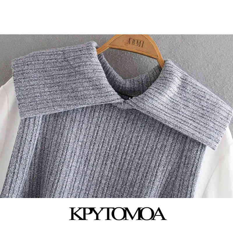 KPYTOMOA Women Fashion With Bow Tied Patchwork Loose Blouses Vintage Long Sleeve Elastic Trim Female Shirts Chic Tops 210401