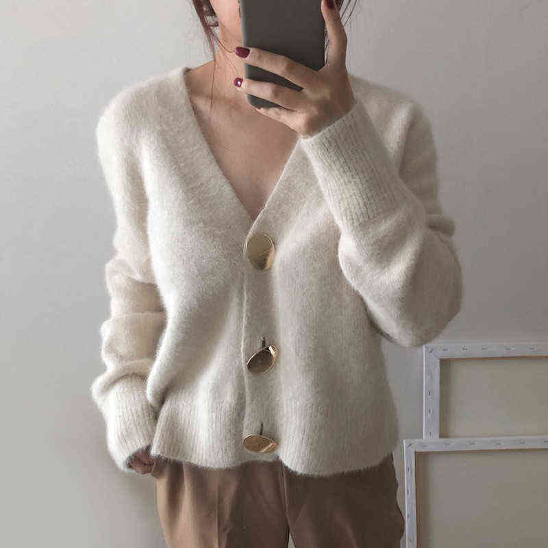 Autumn Winter Fashion Women Mink Cashmere Cardigan Sweater Female V-neck Knitted Long haired mink cashmere sweater 211117