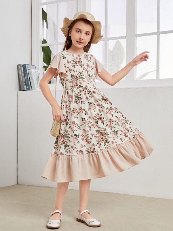 Girls Floral Print Ruffle Hem Dress SHE03