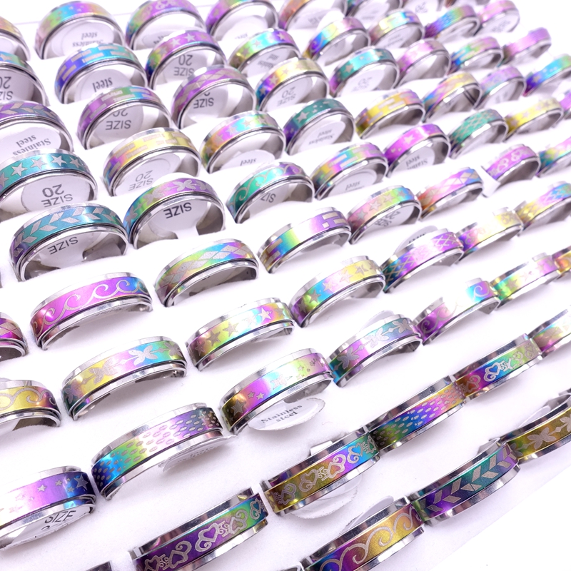 Wholesae 100PCs Lot Stainless Steel Spin Band Rings Rotatable Multicolor Laser Printed Mix Patterns Fashion Jewelry Spinner Party
