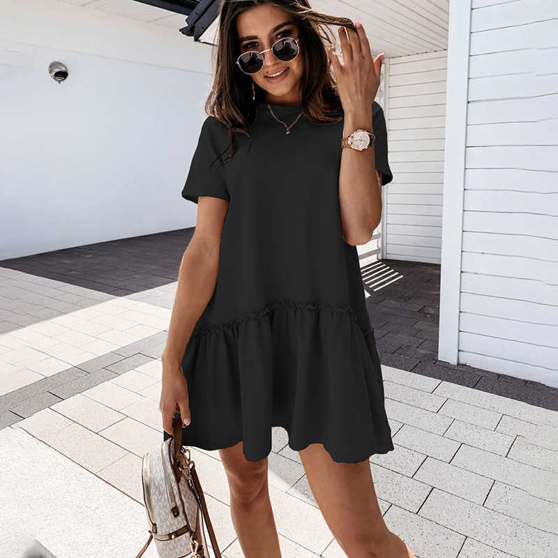 Summer Women Ruffles Mini Dress Fashion Loose Female White Short Dresses Casual O Neck Sleeve Lady Beach Vestidos 210526