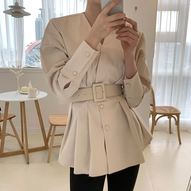 Wohern Korean Ins Elegant Long Sleeve Blouse with Belt Office Lady Casual Slim Waist Puff Ruffle Shirt Chic Blusas Autumn 210519