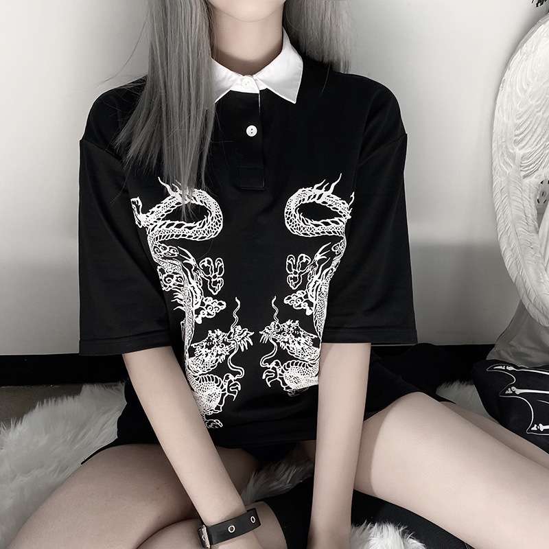 Mujer Camisetas Harajuku Punk Women Clothing Dragon Print Femme T-Shirts Vintage Black Gothic Clothes Long Loose Tops 210406