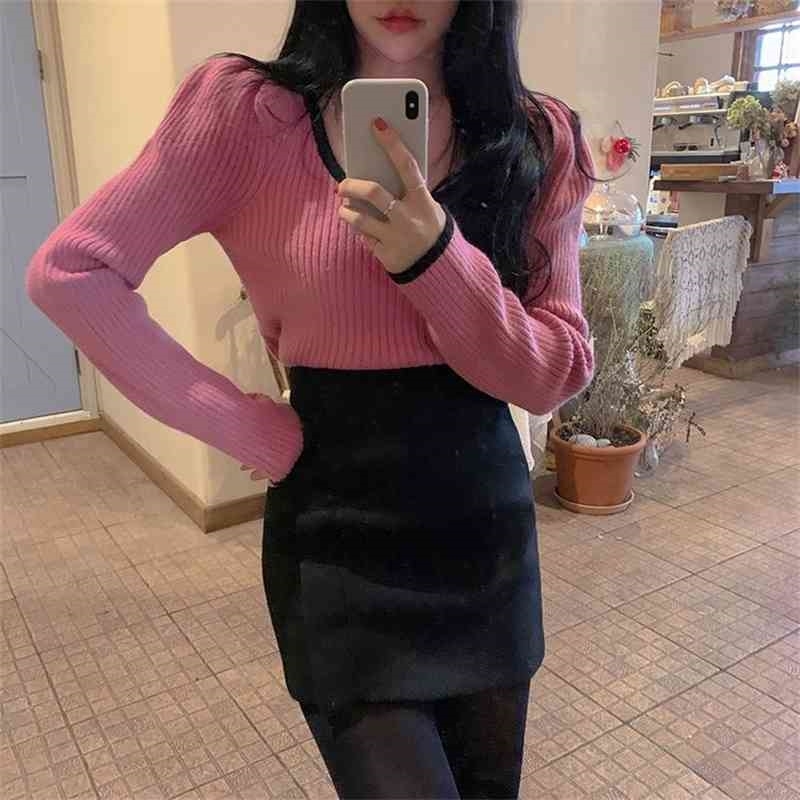 Autumn Fashion Women Square Collar Cropped Sweater Female Korean Chic Elegant Umpers Knitted Pullover Pull Femme 210519