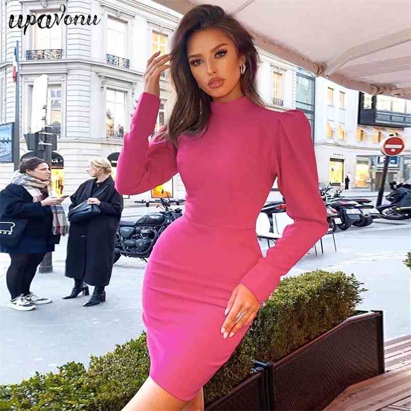 Free Rose Red Mini Dress Arrival Ladies Stand Collar Bubble Long Sleeve Sexy Bodycon Club Party Vestidos 210524