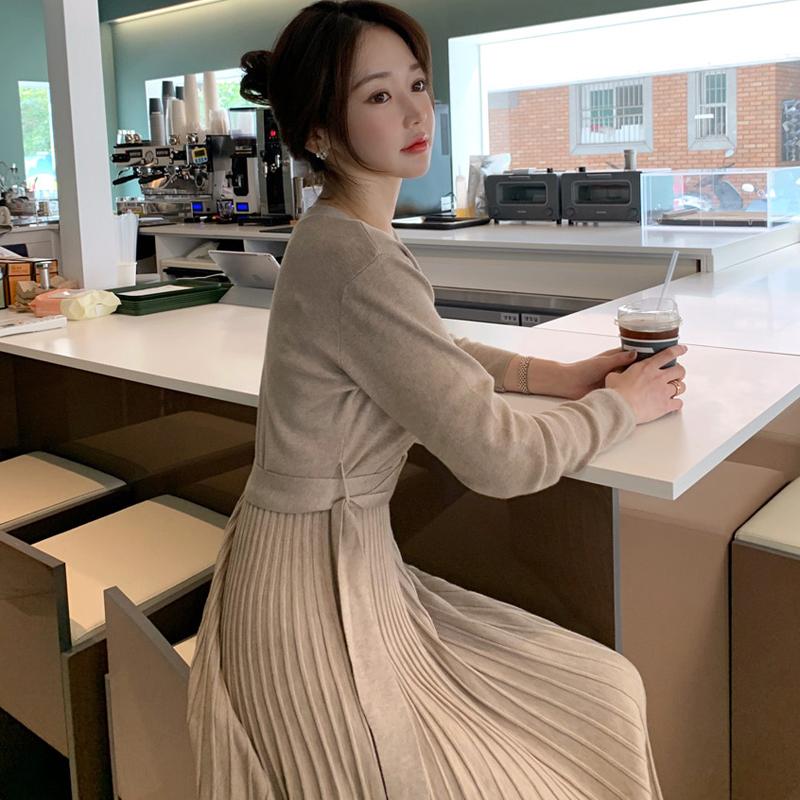 Elegant Dresses Women Solid Long Sleeve V-neck Knitted Sashes Slim Waist Pleated Woman Dress All-match Fashion Vestidos Female Casual