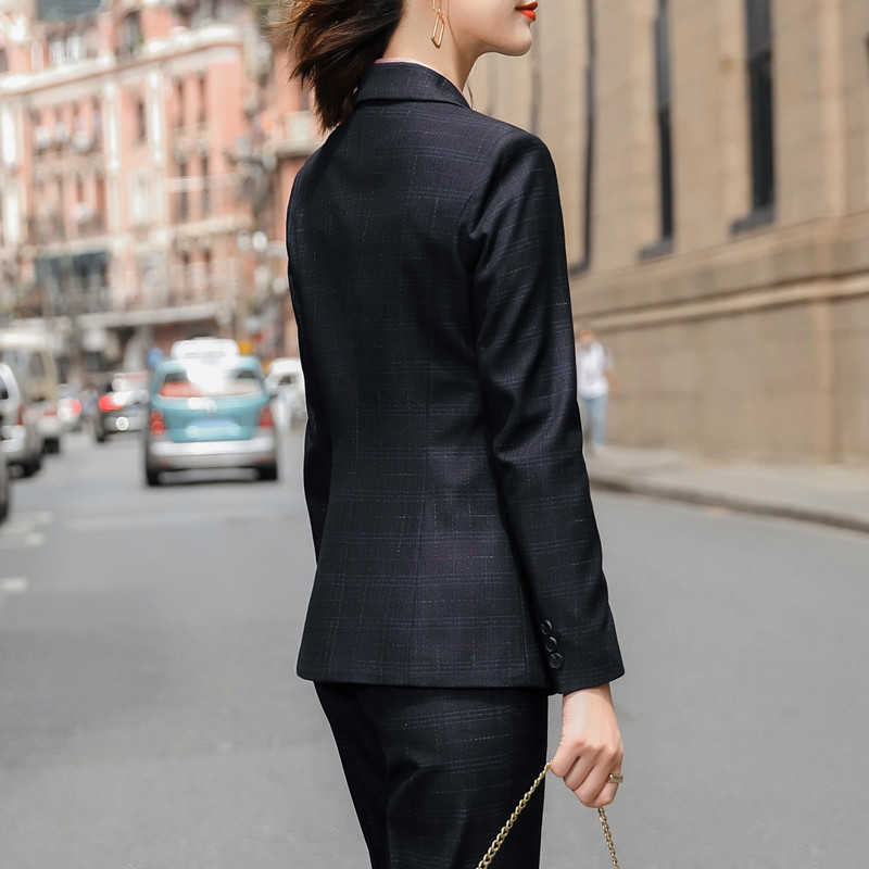 Navy Blue Plaid Suit Higt Eed Formal Interview Business Slim Blazer And Pants Office Ladies Fashion Work Wear Black 210604