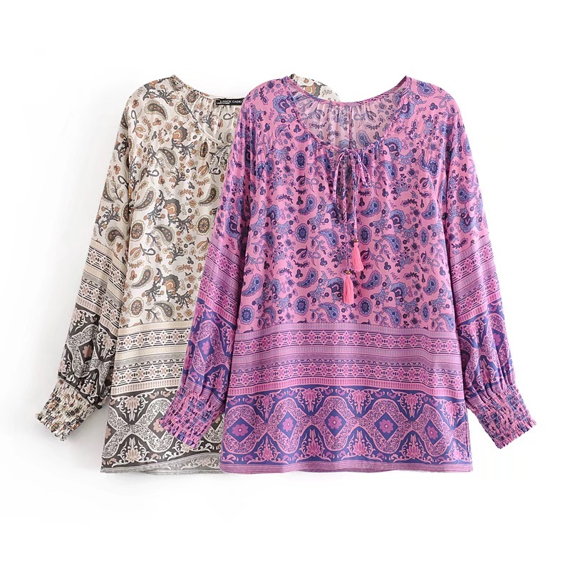 1 set BOHO Paisley Floral Print Long sleeve Shirt Ethnic Women Tassel Lacing up Mini Short Skirts Holiday Skirt sets Suits 210429