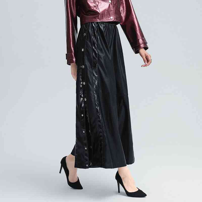 Casual PU Full Length Pant For Women High Waist Patchwork Loose Black Wide Leg Trousers Female Autumn Clothing 210521